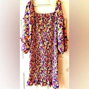 Pretty Garden Pink Purple Yellow Floral Shirred Ruffled Full Sleeve Dress Sz XL